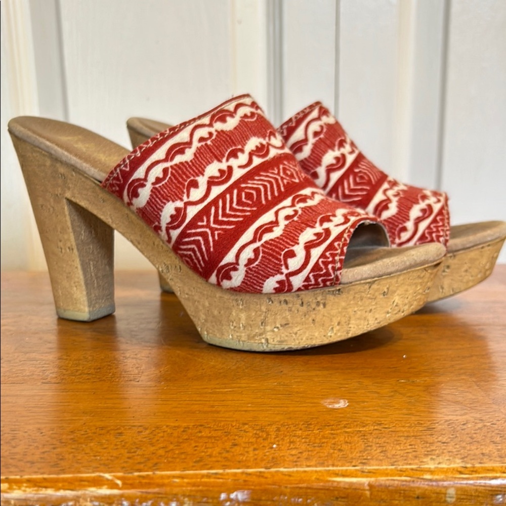 Reba Cork Platform Red and White Geometric Pumps